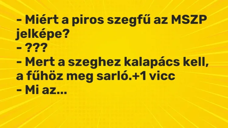 Vicc: – Miért a piros szegfű az MSZP jelképe?
– ???
– Mert a szeghez… Vicc: – Miért a piros szegfű az MSZP jelképe?
– ???
– Mert a szeghez…