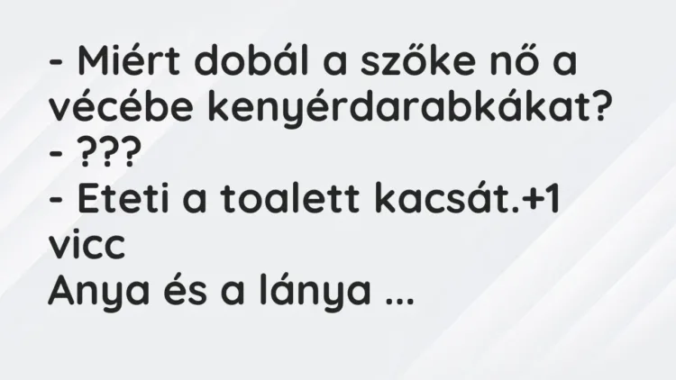 Vicc: – Miért dobál a szőke nő a vécébe kenyérdarabkákat?
– ???
– Eteti a… Vicc: – Miért dobál a szőke nő a vécébe kenyérdarabkákat?
– ???
– Eteti a…