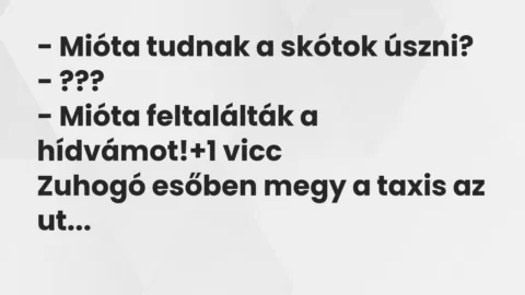 Vicc: – Mióta tudnak a skótok úszni?

– ???

– Mióta feltalálták a hídvámot!
