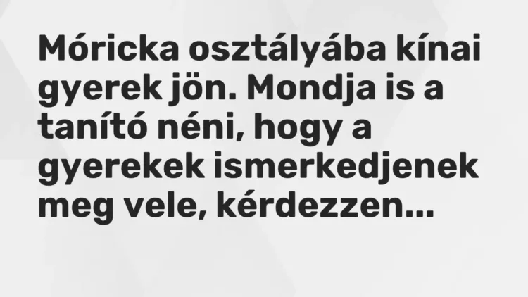 Vicc: Móricka osztályába kínai gyerek jön. Mondja is a tanító néni, hogy a gyerekek is… Vicc: Móricka osztályába kínai gyerek jön. Mondja is a tanító néni, hogy a gyerekek is…