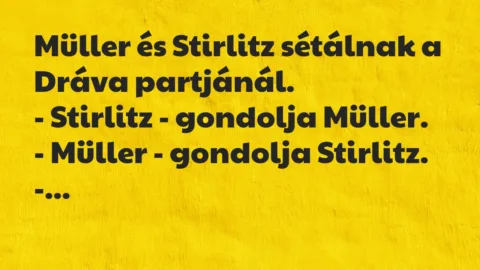 Vicc: Müller és Stirlitz sétálnak a Dráva partjánál.

– Stirlitz – gondolja Müller…