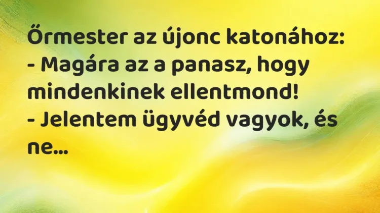 Vicc: Őrmester az újonc katonához:
– Magára az a panasz, hogy mindenkinek… Vicc: Őrmester az újonc katonához:
– Magára az a panasz, hogy mindenkinek…