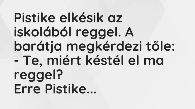 Vicc: Pistike elkésik az iskolából reggel. A barátja megkérdezi tőle:
– Te, miért… Vicc: Pistike elkésik az iskolából reggel. A barátja megkérdezi tőle:
– Te, miért…