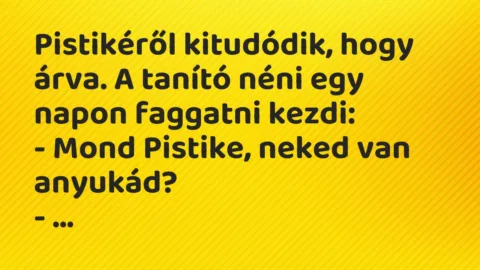Vicc: Pistikéről kitudódik, hogy árva. A tanító néni egy napon faggatni kezdi:

-…