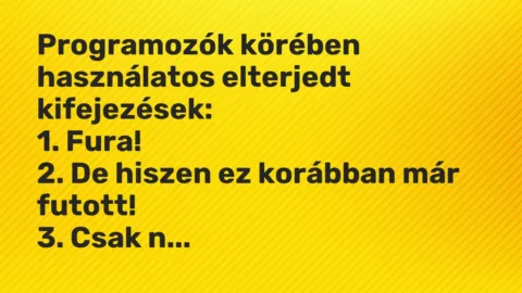 Vicc: Programozók körében használatos elterjedt kifejezések:
1. Fura!
2. De… Vicc: Programozók körében használatos elterjedt kifejezések:
1. Fura!
2. De…