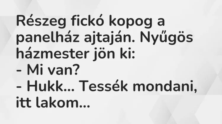 Vicc: Részeg fickó kopog a panelház ajtaján. Nyűgös házmester jön ki:
– Mi… Vicc: Részeg fickó kopog a panelház ajtaján. Nyűgös házmester jön ki:
– Mi…