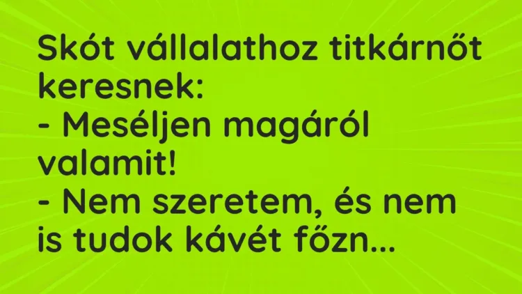 Vicc: Skót vállalathoz titkárnőt keresnek:
– Meséljen magáról valamit!
– Nem… Vicc: Skót vállalathoz titkárnőt keresnek:
– Meséljen magáról valamit!
– Nem…