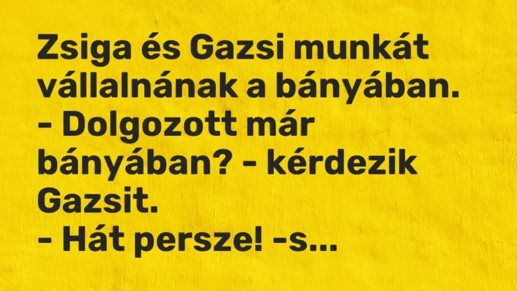 Vicc: Zsiga és Gazsi munkát vállalnának a bányában.
– Dolgozott már bányában? -… Vicc: Zsiga és Gazsi munkát vállalnának a bányában.
– Dolgozott már bányában? -…