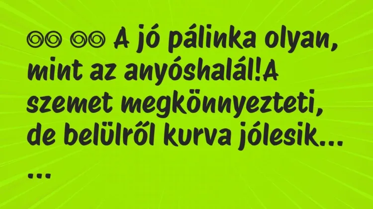 Viccek:
A jó pálinka olyan, mint az anyóshalál!A szemet… Viccek:
A jó pálinka olyan, mint az anyóshalál!A szemet…