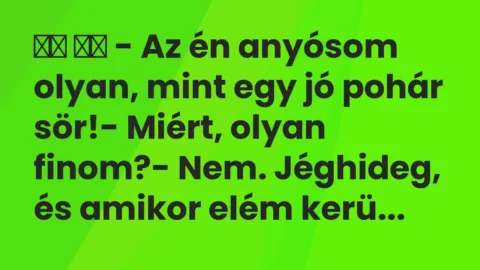 Viccek:
– Az én anyósom olyan, mint egy jó pohár sör!- Miért,… Viccek:
– Az én anyósom olyan, mint egy jó pohár sör!- Miért,…