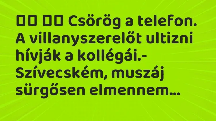 Viccek:
Csörög a telefon. A villanyszerelőt ultizni hívják a… Viccek:
Csörög a telefon. A villanyszerelőt ultizni hívják a…