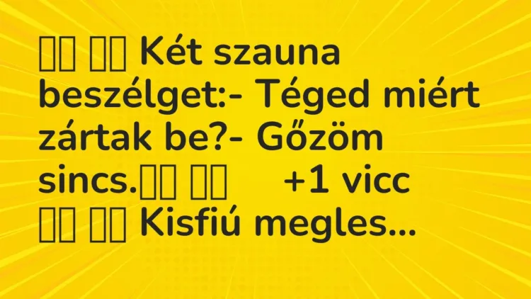 Viccek:
Két szauna beszélget:- Téged miért zártak be?-… Viccek:
Két szauna beszélget:- Téged miért zártak be?-…