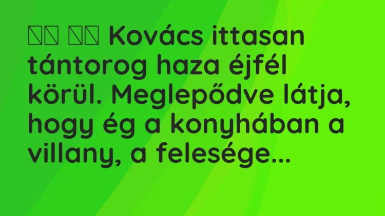 Viccek:
Kovács ittasan tántorog haza éjfél körül. Meglepődve látja,… Viccek:
Kovács ittasan tántorog haza éjfél körül. Meglepődve látja,…
