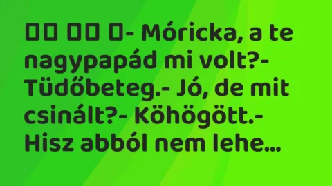 Viccek:
- Móricka, a te nagypapád mi volt?- Tüdőbeteg.-… Viccek:
- Móricka, a te nagypapád mi volt?- Tüdőbeteg.-…