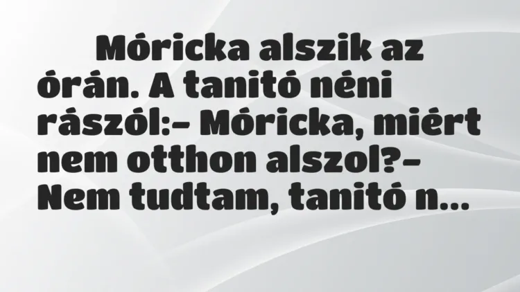 Viccek:
Móricka alszik az órán. A tanitó néni rászól:- Móricka,… Viccek:
Móricka alszik az órán. A tanitó néni rászól:- Móricka,…
