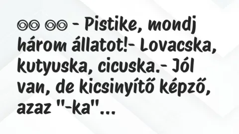 Viccek: 
		  
		  – Pistike, mondj három állatot!- Lovacska, kutyuska,…