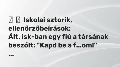 Vicces történet: 
	    	    Iskolai sztorik, ellenőrzőbeírások:


Ált. isk-ban egy fiú a…