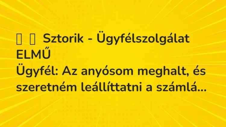 Vicces történet:
Sztorik – Ügyfélszolgálat ELMŰ
Ügyfél: Az anyósom meghalt, és … Vicces történet:
Sztorik – Ügyfélszolgálat ELMŰ
Ügyfél: Az anyósom meghalt, és …