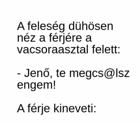 Vicc: A feleség dühösen néz a férjére a vacsoraasztal felett: –