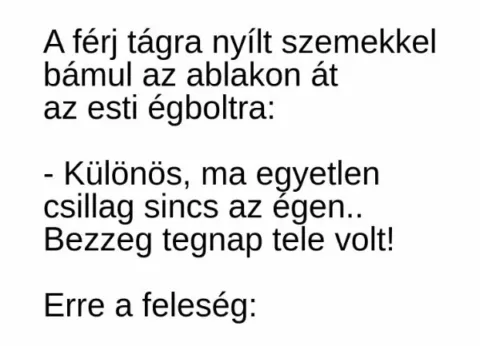 Vicc: A férj tágra nyílt szemekkel bámul az ablakon át az esti égboltra: