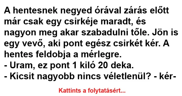 Vicc: A hentesnek negyed órával zárás előtt már csak egy Vicc: A hentesnek negyed órával zárás előtt már csak egy csirkéje maradt