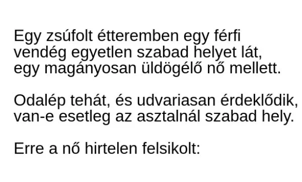 Vicc: Egy zsúfolt étteremben egy férfi vendég egyetlen szabad helyet Vicc: Egy zsúfolt étteremben egy férfi vendég egyetlen szabad helyet lát, egy…