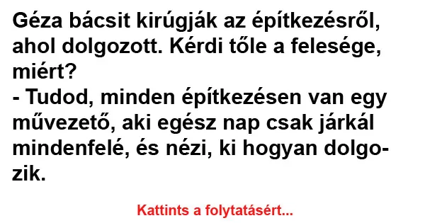 Vicc: Géza bácsit kirúgják az építkezésről, ahol dolgozott Vicc: Géza bácsit kirúgják az építkezésről, ahol dolgozott
