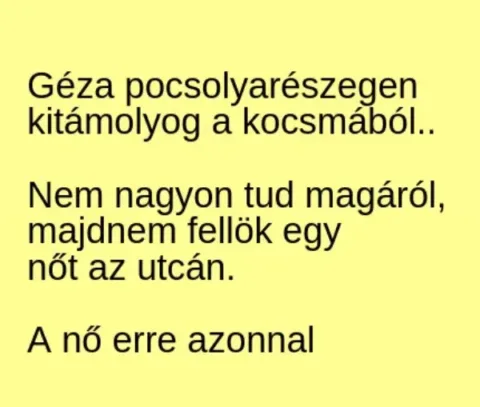 Vicc: Géza pocsolyarészegen kitámolyog a kocsmából –