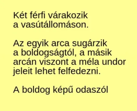 Vicc: Két férfi várakozik a vasútállomáson. Az egyik arca sugárzik Vicc: Két férfi várakozik a vasútállomáson. Az egyik arca sugárzik a…