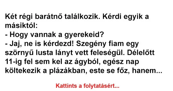 Vicc: Két régi barátnő találkozik. Kérdi egyik a másiktól Vicc: Két régi barátnő találkozik. Kérdi egyik a másiktól