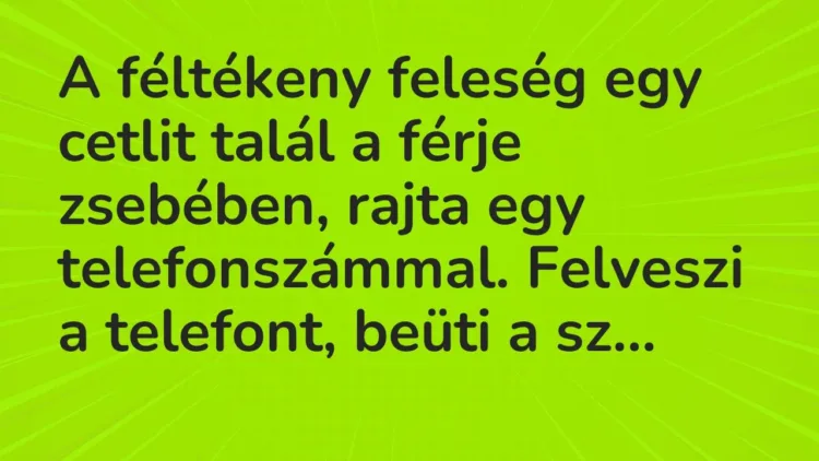 Vicc: A féltékeny feleség egy cetlit talál a férje zsebében, rajta egy telefonszámmal…. Vicc: A féltékeny feleség egy cetlit talál a férje zsebében, rajta egy telefonszámmal….