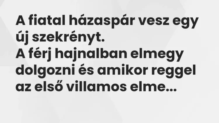 Vicc: A fiatal házaspár vesz egy új szekrényt.
A férj hajnalban elmegy dolgozni… Vicc: A fiatal házaspár vesz egy új szekrényt.
A férj hajnalban elmegy dolgozni…