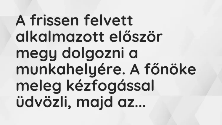 Vicc: A frissen felvett alkalmazott először megy dolgozni a munkahelyére. A főnöke… Vicc: A frissen felvett alkalmazott először megy dolgozni a munkahelyére. A főnöke…