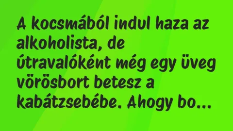 Vicc: A kocsmából indul haza az alkoholista, de útravalóként még egy üveg…