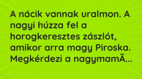 Vicc: A nácik vannak uralmon. A nagyi húzza fel a horogkeresztes zászlót, amikor arra…