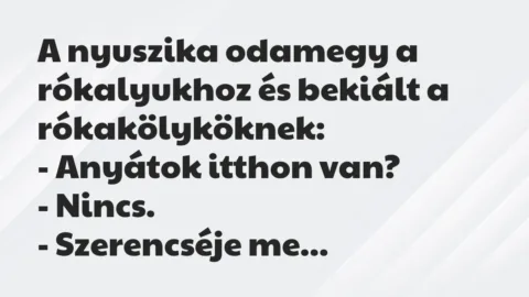 Vicc: A nyuszika odamegy a rókalyukhoz és bekiált a rókakölyköknek:
– A… Vicc: A nyuszika odamegy a rókalyukhoz és bekiált a rókakölyköknek:
– A…