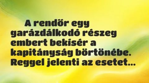 Vicc:
A rendőr egy garázdálkodó részeg embert bekísér a kapitányság… Vicc:
A rendőr egy garázdálkodó részeg embert bekísér a kapitányság…