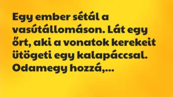 Vicc: Egy ember sétál a vasútállomáson. Lát egy őrt, aki a vonatok kerekeit… Vicc: Egy ember sétál a vasútállomáson. Lát egy őrt, aki a vonatok kerekeit…