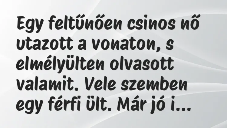 Vicc: Egy feltűnően csinos nő utazott a vonaton, s elmélyülten olvasott valamit. Vele… Vicc: Egy feltűnően csinos nő utazott a vonaton, s elmélyülten olvasott valamit. Vele…
