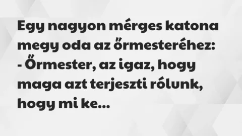 Vicc: Egy nagyon mérges katona megy oda az őrmesteréhez:

– Őrmester, az igaz,…