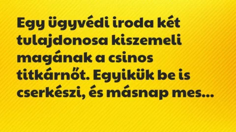 Vicc: Egy ügyvédi iroda két tulajdonosa kiszemeli magának a csinos titkárnőt. Egyikük… Vicc: Egy ügyvédi iroda két tulajdonosa kiszemeli magának a csinos titkárnőt. Egyikük…