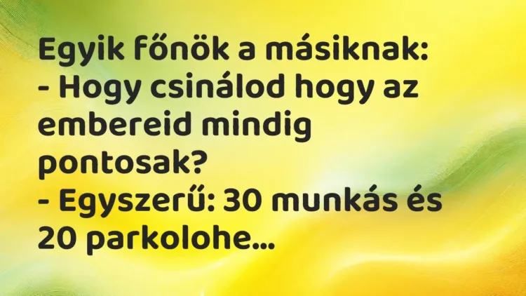 Vicc: Egyik főnök a másiknak:
– Hogy csinálod hogy az embereid mindig… Vicc: Egyik főnök a másiknak:
– Hogy csinálod hogy az embereid mindig…