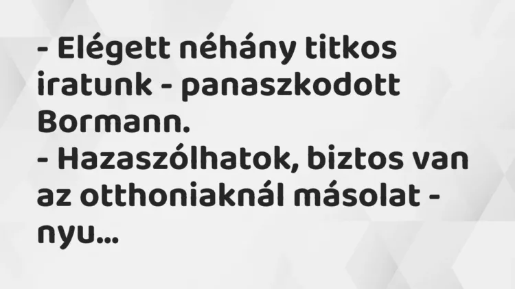 Vicc: – Elégett néhány titkos iratunk – panaszkodott Bormann.
– Hazaszólhatok,… Vicc: – Elégett néhány titkos iratunk – panaszkodott Bormann.
– Hazaszólhatok,…
