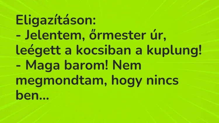 Vicc: Eligazításon:
– Jelentem, őrmester úr, leégett a kocsiban a… Vicc: Eligazításon:
– Jelentem, őrmester úr, leégett a kocsiban a…
