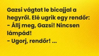 Vicc: Gazsi vágtat le bicajjal a hegyről. Elé ugrik egy rendőr: – Állj meg, Gazsi…