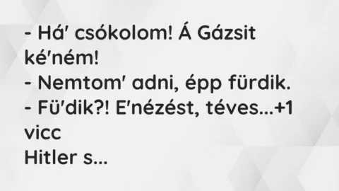 Vicc: – Há’ csókolom! Á Gázsit ké’ném!
– Nemtom’ adni, épp fürdik.
-… Vicc: – Há’ csókolom! Á Gázsit ké’ném!
– Nemtom’ adni, épp fürdik.
-…