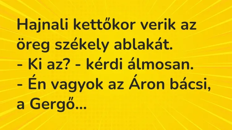 Vicc: Hajnali kettőkor verik az öreg székely ablakát.
– Ki az? – kérdi… Vicc: Hajnali kettőkor verik az öreg székely ablakát.
– Ki az? – kérdi…