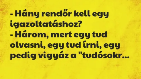 Vicc: – Hány rendőr kell egy igazoltatáshoz?
– Három, mert egy tud… Vicc: – Hány rendőr kell egy igazoltatáshoz?
– Három, mert egy tud…