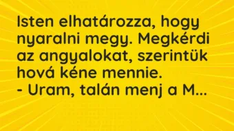 Vicc: Isten elhatározza, hogy nyaralni megy. Megkérdi az angyalokat,…