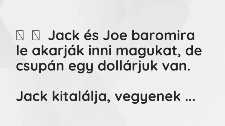 Vicc:
Jack és Joe baromira le akarják inni magukat, de csupán egy… Vicc:
Jack és Joe baromira le akarják inni magukat, de csupán egy…